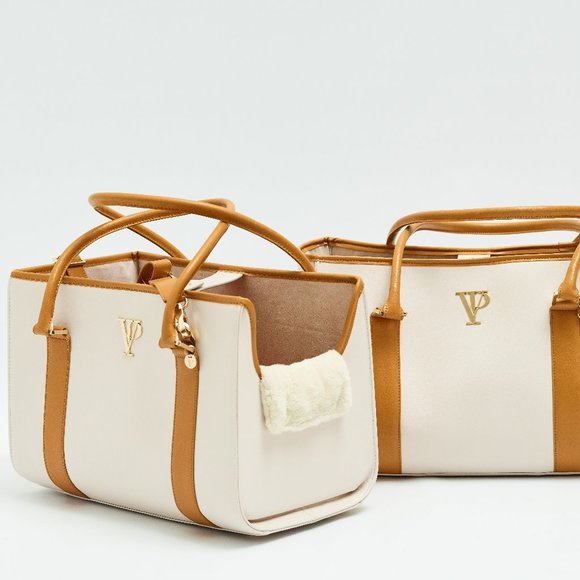 Ivory and Gold Leather Luxury Dog Carrier, Dog Bag, Dog tote for small dogs - Picture 1 of 9